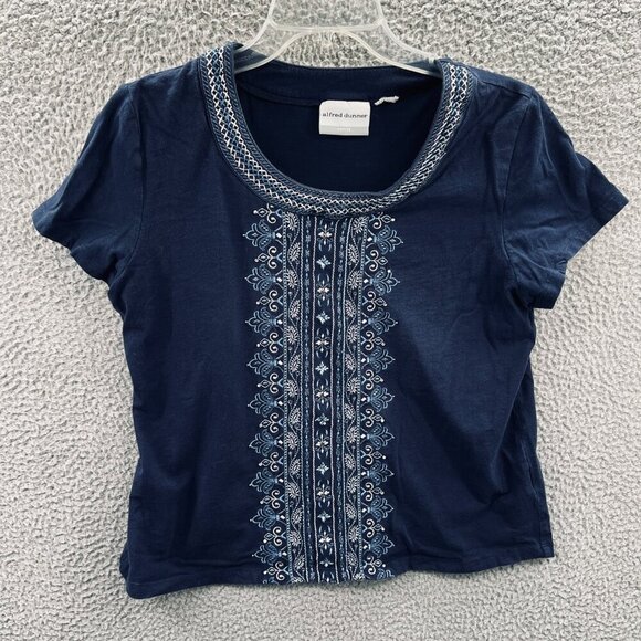 Alfred Dunner Women Top Large Petite Blue Embellished Short Sleeve Shirt Stretch - Picture 1 of 8